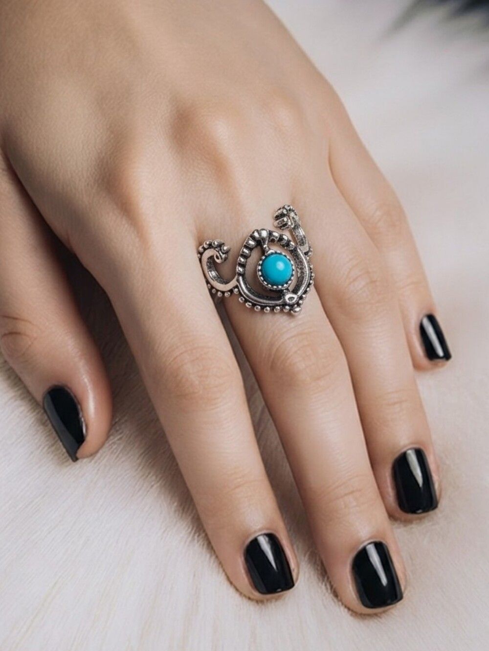 Silver Turquoise Buffalo Horn Ring Western Boho Southwestern Size 5 Cowgirl Chic